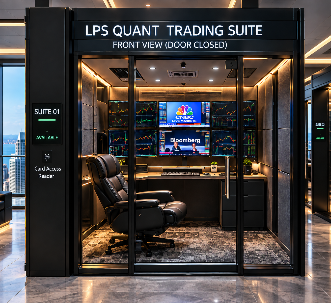 LPS Quant Trading Suite rendering — six-monitor workstation